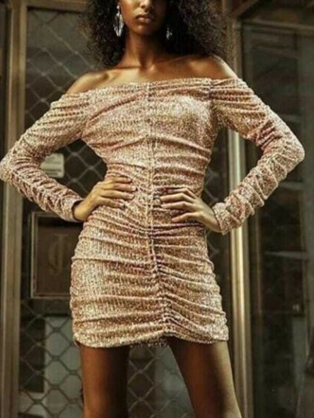 NWT! ZARA $129 Gold Sequined Longsleeve Ruched Mini Dress S